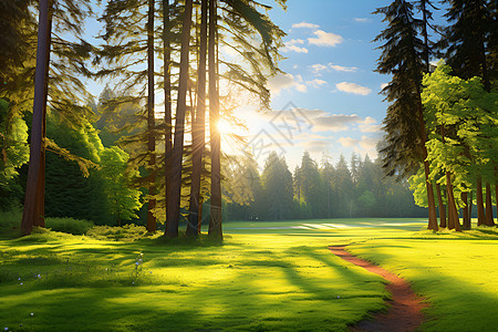 阳光照耀的绿色树林图片