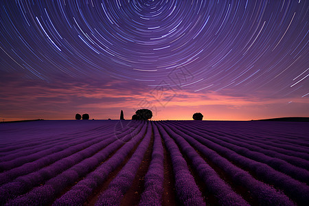 紫色花海中的夜晚星轨图片