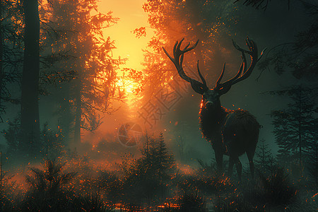 晨雾森林中的鹿图片