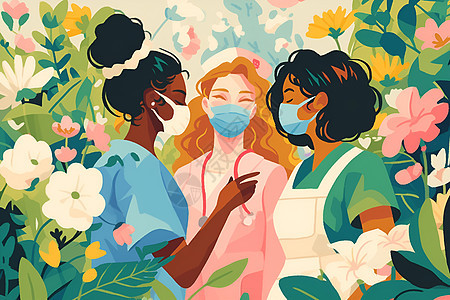 花园里的三位女性医护人员图片