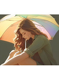 女人手里的彩虹伞图片