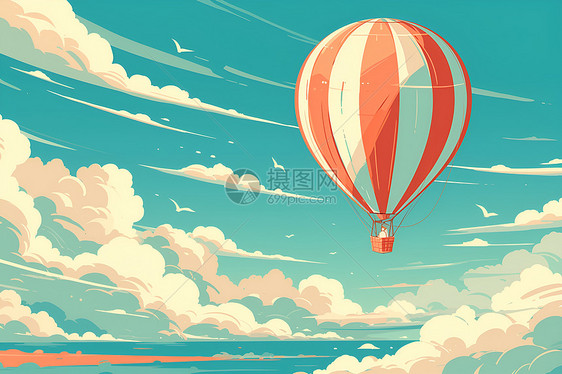 彩色条纹热气球在天空中翱翔图片