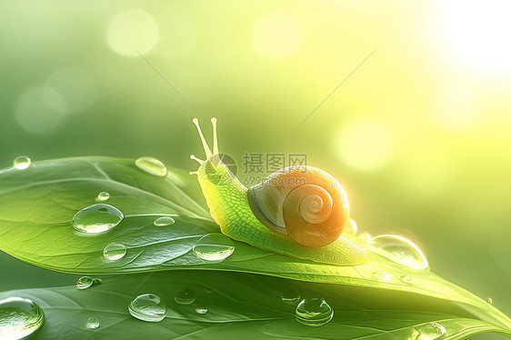 树叶上的蜗牛和水滴图片