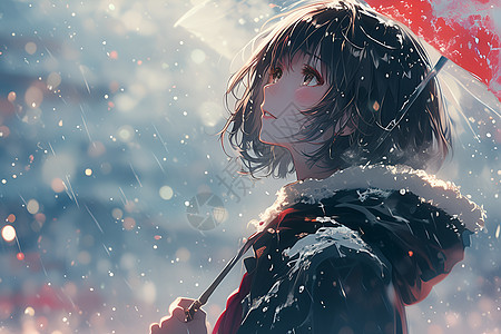 雪落在冬日女子的伞上图片