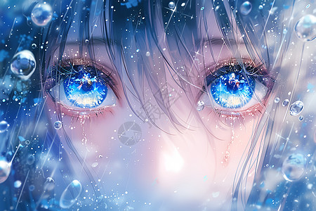 蓝眸少女与雨滴图片