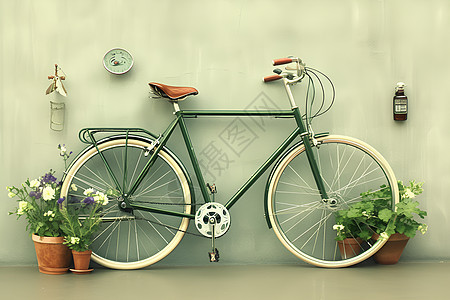 绿色自行车靠在墙壁上图片