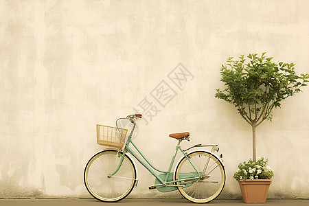 墙边停放的绿色自行车图片