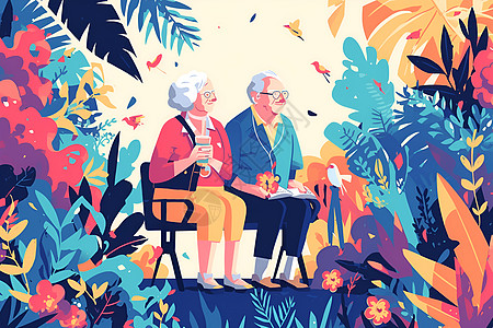 老年夫妇在热带花园长椅上图片