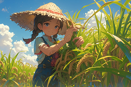 小女孩戴着草帽在稻田里图片