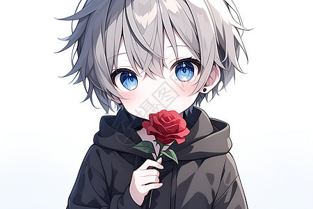 少年拿着一朵玫瑰图片