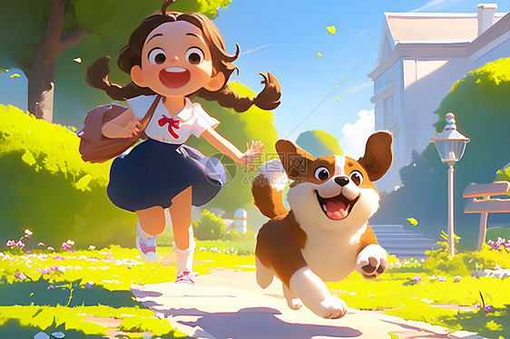 女孩与小狗欢快奔跑图片