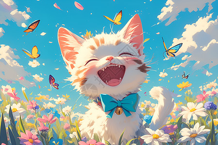 阳光草地上的快乐猫咪图片