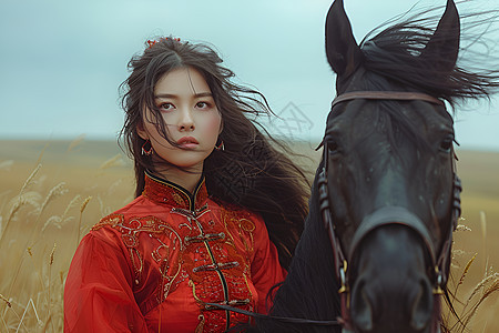 草原中的女孩和马匹图片
