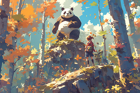 森林中的女孩和熊猫图片