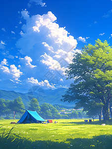 草地中的蓝色帐篷图片