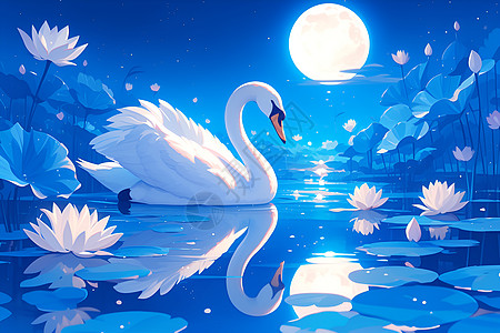 夜晚湖中的白天鹅图片