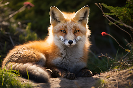 草地上的狐狸静静地注视着镜头图片