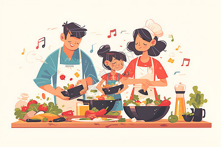 厨房里做饭的一家人图片