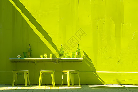 绿色墙壁前的桌椅图片