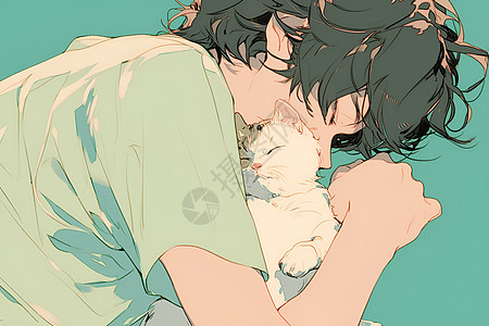 男孩抱着小猫咪休息图片