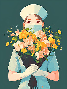 戴口罩的护士拿着花束图片