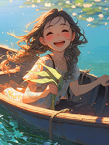 小女孩坐在船里图片