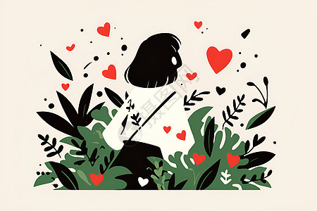 植物丛中的女孩和心形图片