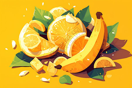香蕉和切开的橙子背景图片
