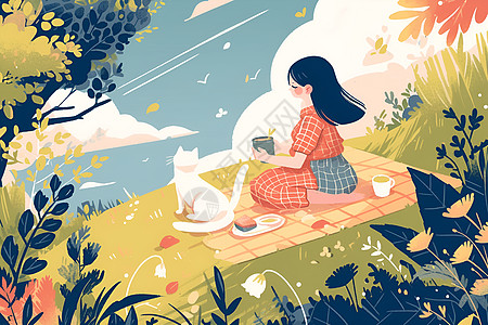 野餐的猫咪和女孩图片