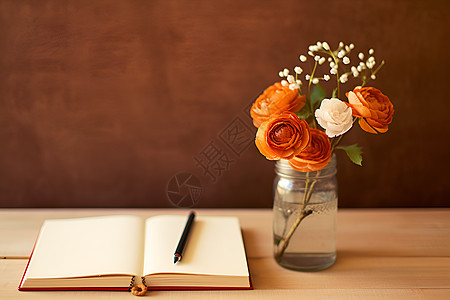 书桌上的书和花瓶图片