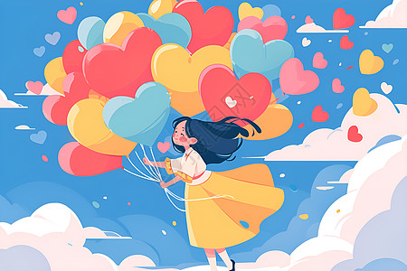 飘在天空中的心形彩色气球和女孩图片