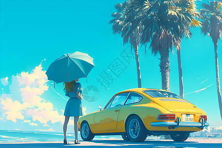 夏日海边的女孩和汽车图片