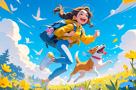欢乐奔跑的女孩和狗狗背景图片