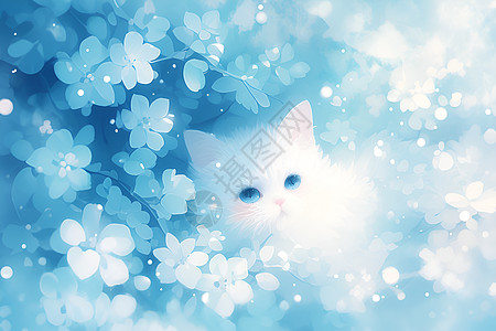 白猫俯身在蓝色花朵中图片