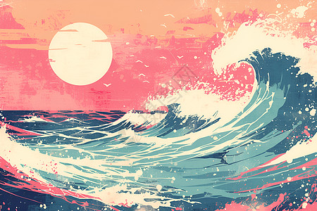 日落时的海浪插画图片