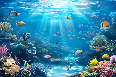 大海海底的鱼群和珊瑚图片