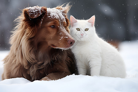 猫狗在雪地里依偎图片