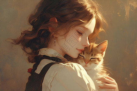 深情拥抱的猫咪和少女图片