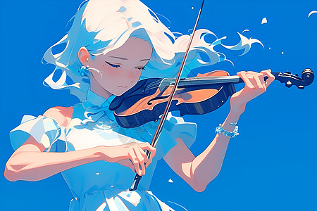 天空蓝色背景下的小提琴女孩图片