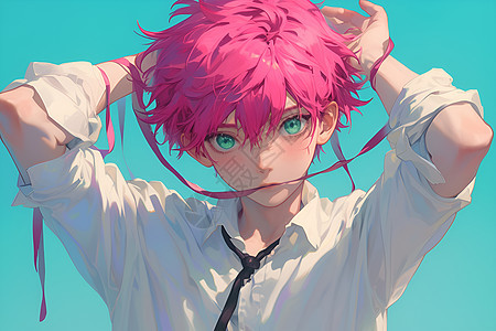 粉色头发的男孩图片