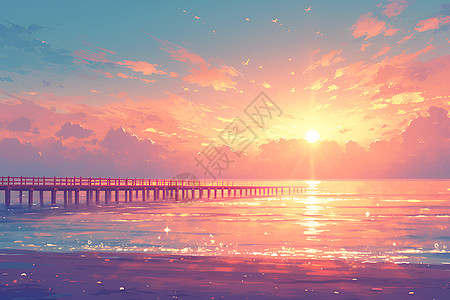 日落时的大海和桥梁图片