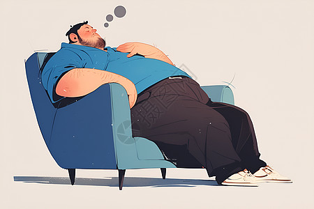 沮丧的肥胖男子坐在沙发上图片