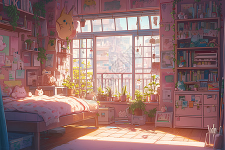粉色动漫风格的卧室图片