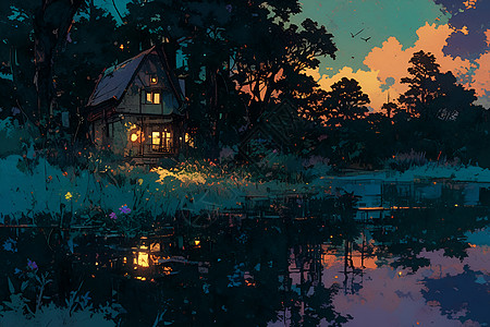 夜晚湖畔的房子图片