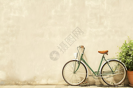 墙边停放的绿色自行车图片