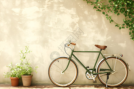 自行车倚墙图片