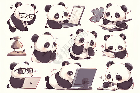 黑白插画中的可爱熊猫图片