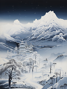 雪山上的树木和古建筑图片