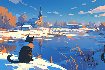 湖边雪地上的猫咪图片