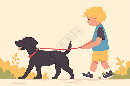 男孩牵着狗在公园散步图片
